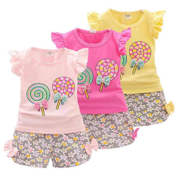 

two pieces cotton fashion girls clothes suit casual floral outfits 1-5t girls clothing sets vest sleeveless children sets y220310, White