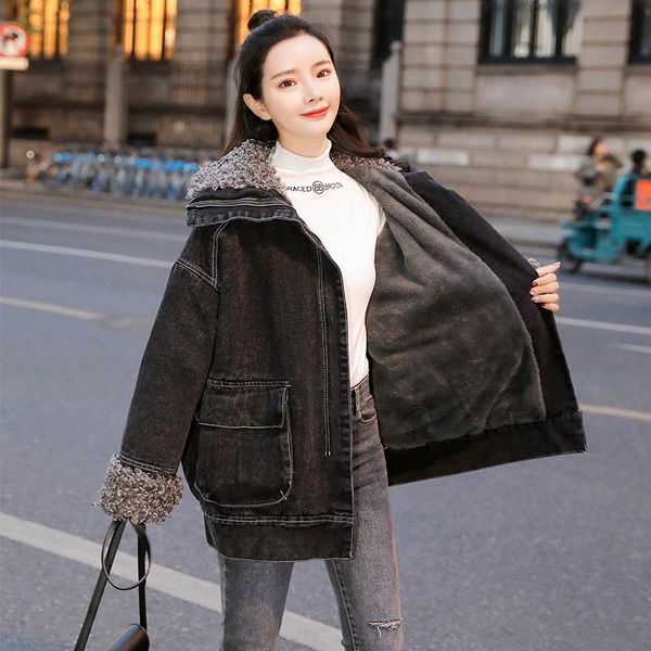 

winter fashion sheep curl denim cotton warm coat women loose solid color thick mid-length casual oversized jacket women's jackets, Black;brown