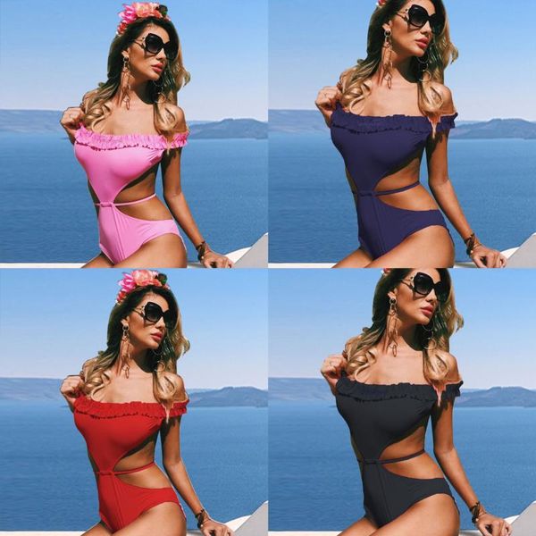 

ruffle one piece swimsuit women swimwear push up monokini off shoulder bodysuit bathing suit summer beachwear female one-piece suits