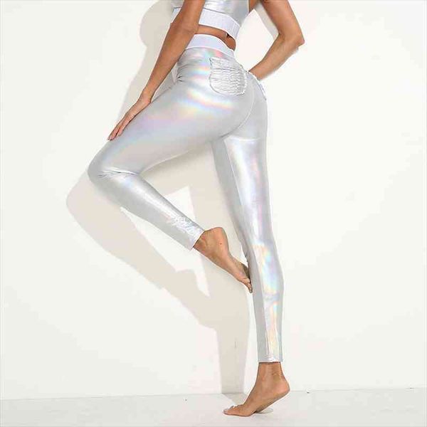 

women shiny leggings high waist elastic imitation leather sport legging pocket slim jeggings push up fitness leggins, Black