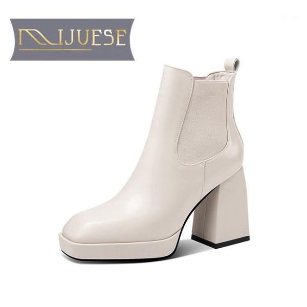 

boots mljuese 2021 women ankle cow leather winter short plush square toe platform high heels female size 401, Black
