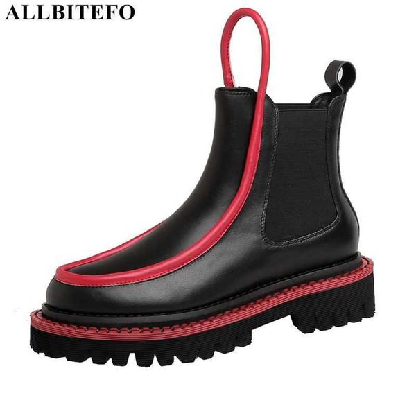 ALLBITEFO moda casual in vera pelle tacchi spessi piattaforma stivaletti per le donne tacchi alti ufficio scarpe da donna stivali da donna 210611