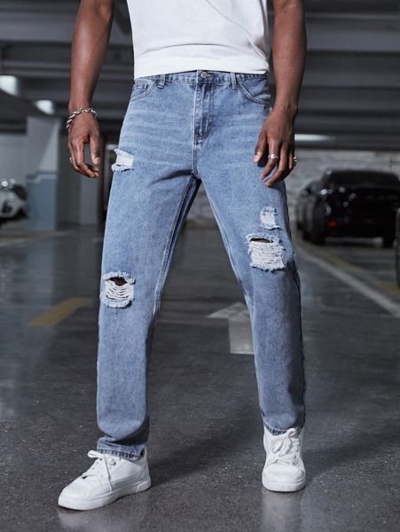 

men ripped detail straight leg jeans b9xp#, Blue