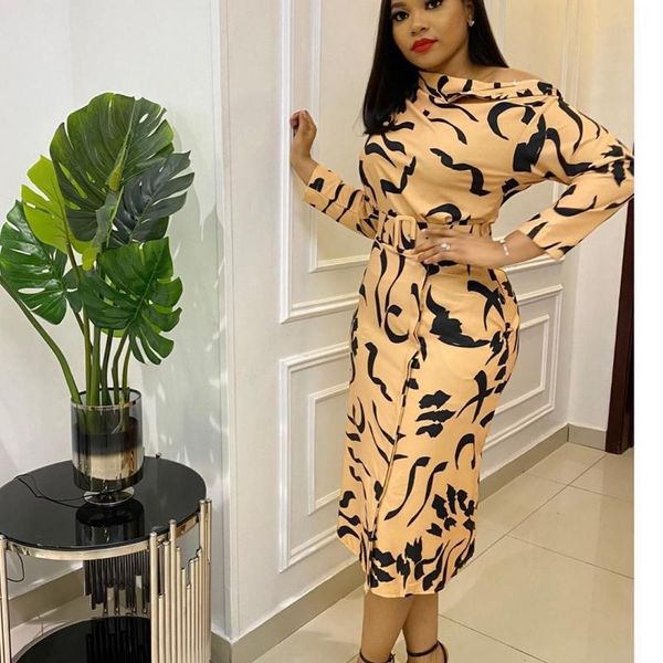 

ethnic clothing 2021 ladies abstract line print dresses temperament commute long sleeves high wasit classy off shoulder midi dress, Red