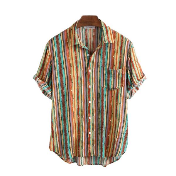 

summer casual shirts men striped print beach streetwear clothing turn-down collar button up mens men's, White;black