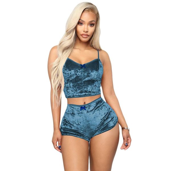 

2022 new fashion women velvet pajama sets ladies lace vneck crop shorts 2pcs sleepwear lingerie pajamas sets, White