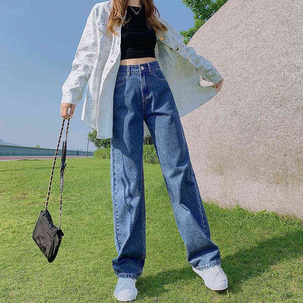 

loose straight-leg woman jeans high waist thin long wide-leg pants, blue retro fashion street , stretch oversized 211129