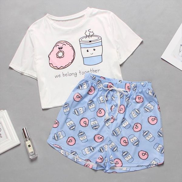 

cute cartoon print women sleepwear short set pajamas pajama sweet sleeve t shirts shorts summer, Black;red