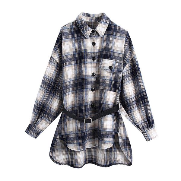 

blsqr streetwear loose plaid shirt jacket ladies casual women side split coat female with belt buttons pockets tweed coats 210430, Black;brown