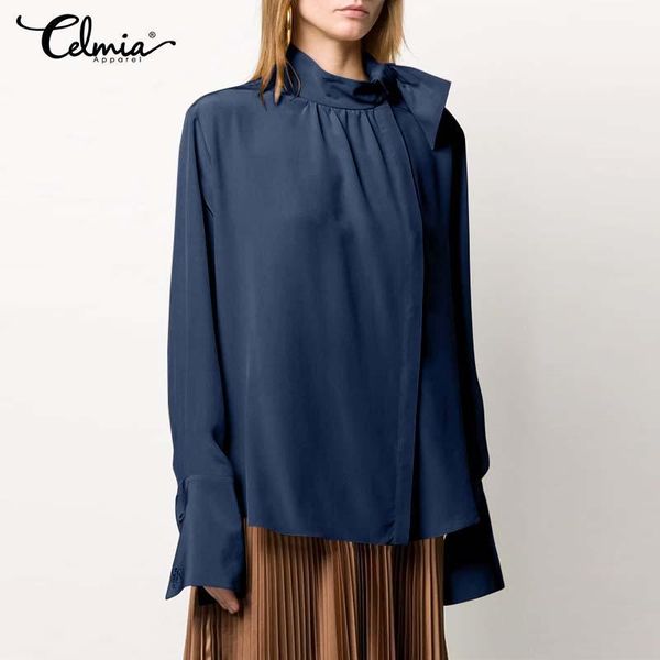

women's blouses & shirts celmia women autumn satin silk blouse 2021 casual long sleeve shirt stand collar bow tie elegant loose office, White