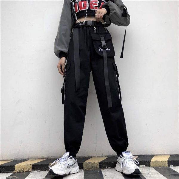 

fashion autumn fashio loose womens capri hip hop ribbon buckle overalls streetwear high street punk, Black;white