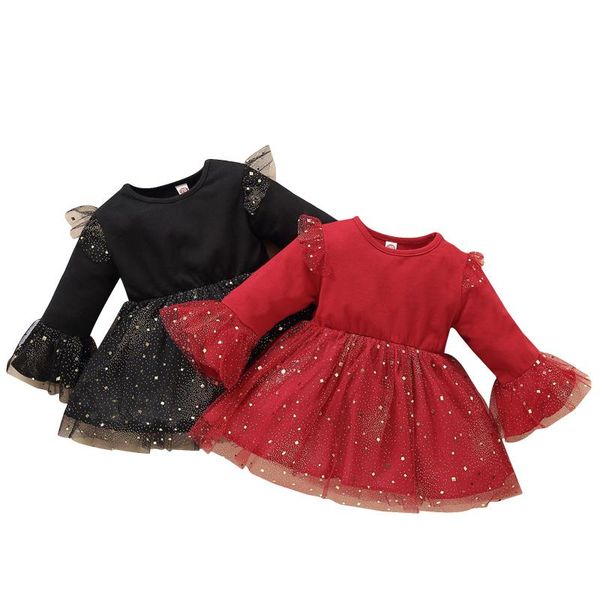 

girl's dresses girls casual princess dress, kids spring autumn round collar hem long flared sleeve yarn skirt, red/ black,1-4 years old, Red;yellow