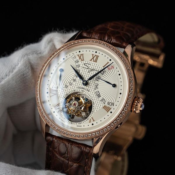 

wristwatches sugess flying tourbillon watch men seagul movement mechanical skeleton sapphire crystal wrist with date and day luxury, Slivery;brown