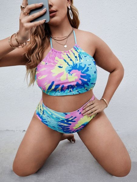 

plus tie dye halter bikini swimsuit w48k#, Black