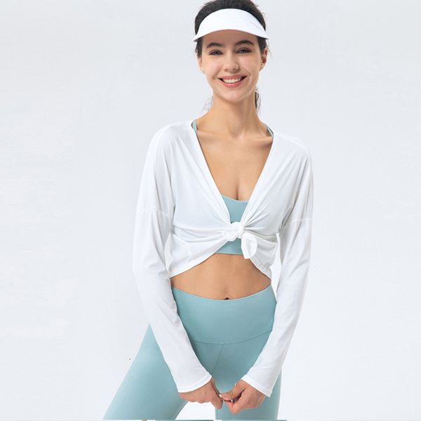 

tees t-shirt yoga suit women's ice sense sunscreen shawl cardigan anti light embarrassment hip covering long sleev with belt, White