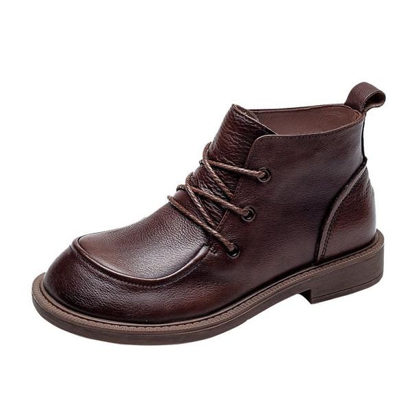 

boots ankle genuine leather women flat platform short ladies shoes vintage autumn winter, Black