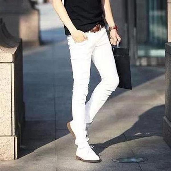 

men's jeans solid casual white boys hip hop men teenager pencil pants skinny students streetwear, Blue