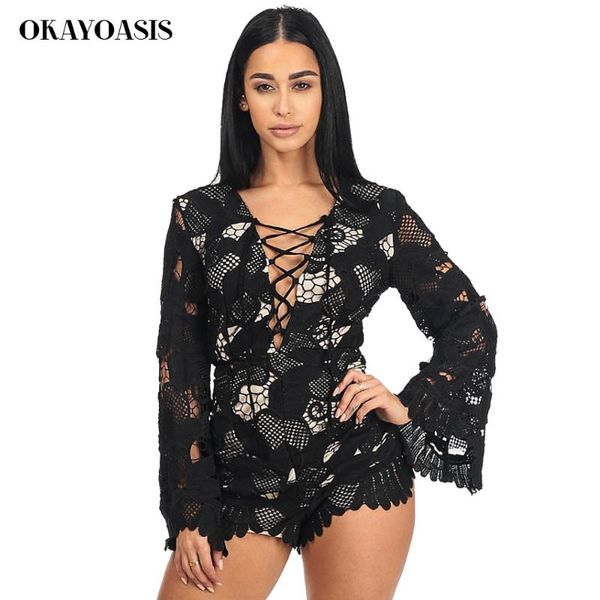

2021 women jumpsuits black long sleeve lace up bandage romper playsuit party clubwear bodycon short jumpsuit women's & rompers, Black;white