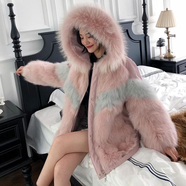 

women's fur & faux parka winter women real coat autumn double-side wear parkas korean pink jacket abrigo mujer my1085, Black