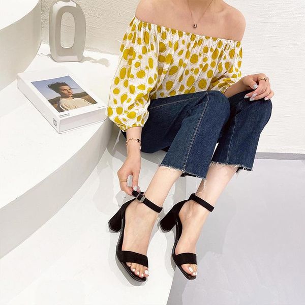 

thick heel black sandals women shoes mid-heel buckle ankle strap fashion summer open toe high heels