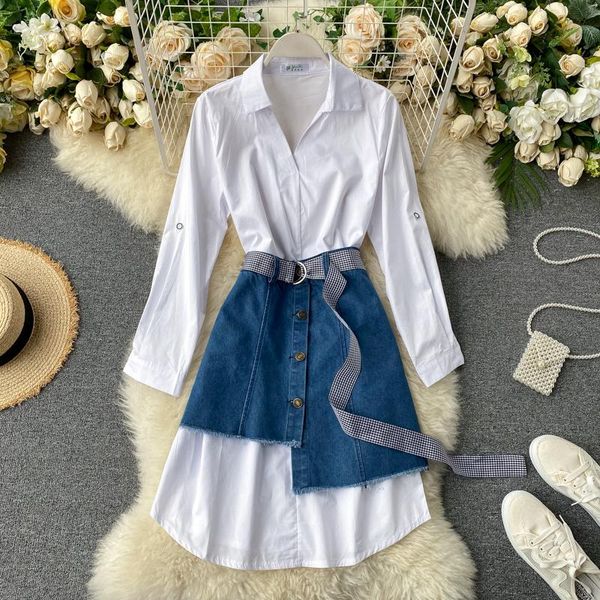 

two piece dress 2021 women's sets korean style fashion shirt tow-pieces set women blue short drawstring denim skirt summer clothes wpy2, White
