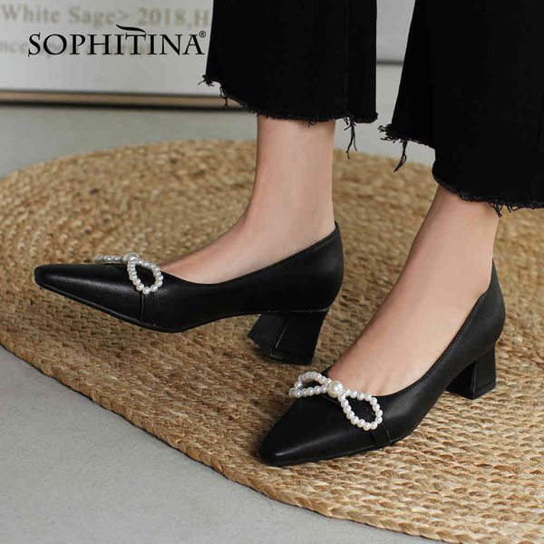 

sophitina women pumps casual pearl butterfly-knot handmade pumps shallow plus size 33-43 comfort commute office lady shoes ao910 210513, Black