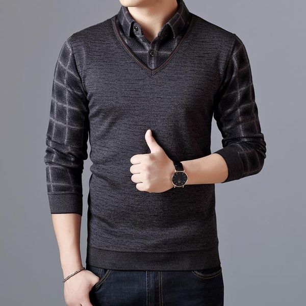 

men's sweaters lapel button fake two-piece shirt multicolor sim fit long-sleeved sweater fashion soft men clothing, White;black