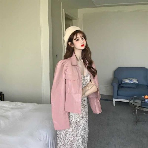 

casual pink leather jacket women korea thin loose pu faux female spring streetwear lady outerwear biker coat 210604, Black