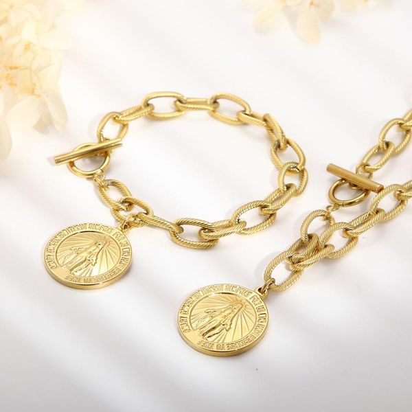 

earrings & necklace golden goddess coin jewelry sets women fashion classic stainless steel pendant bracelet, Silver