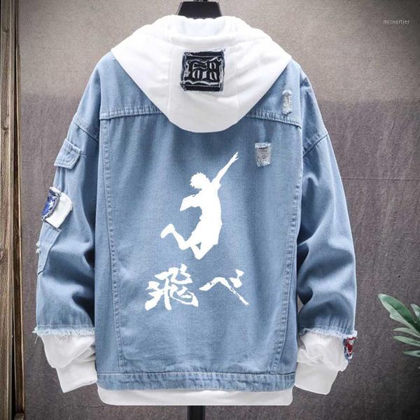 

men's jackets japan anime clothes haikyuu outerwear hoodie autumn streetwear fake two denim jacket harajuku oversized men chaquet, Black;brown