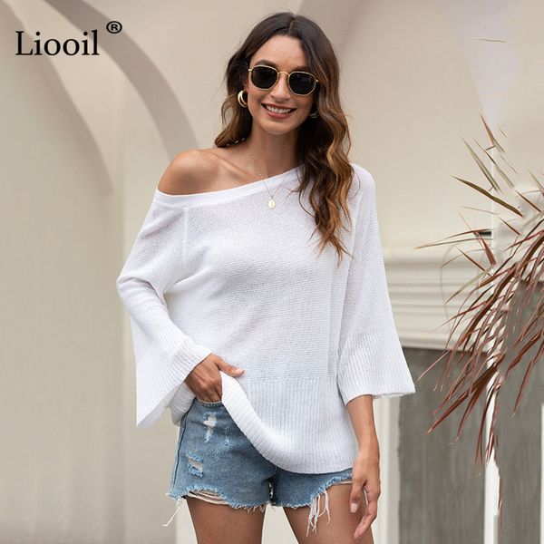

knits casual loose knit sweater women hollow out lace up flare sleeve o neck female autumn knitwear pullovers and jumpers, White