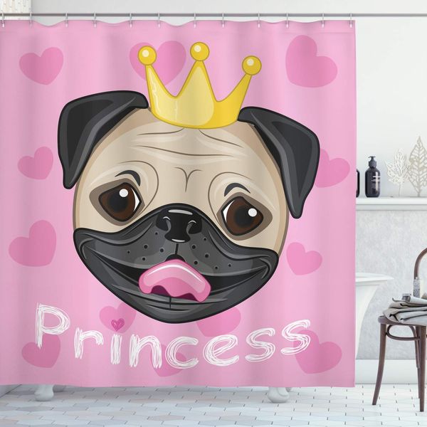 

feminine shower curtain, happy smiling princess and pug dog with tiara pink hearts on background, cloth fabric bathroom decor