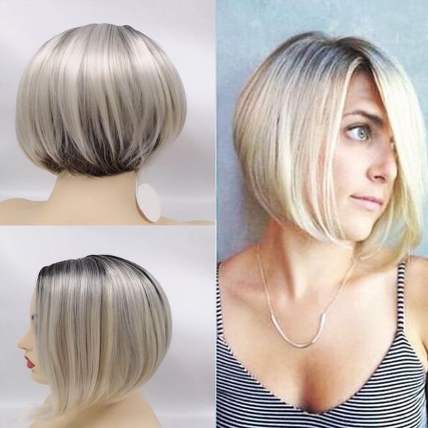 

womens fashion short straight hair wigs black roots ombre blonde wig bob hairstyle heat resistant synthetic party cosplay wig