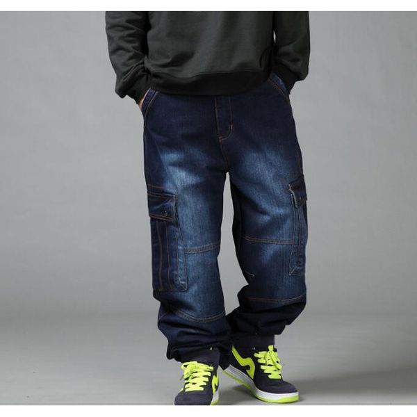 

men's jeans pants charge loose jeans men's skateboarding hip hop large 30-46, Blue