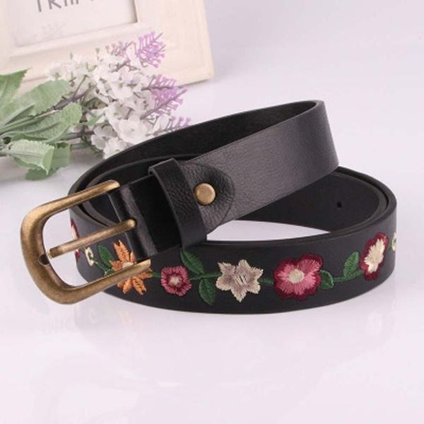 

belts embroidery flower decoration ladies belt retro faux leather fashion women classical chinese style, Black;brown