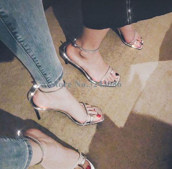 

square toe single strap stiletto sandals bling crystal buckle silver patent leather party shoes summer, Black