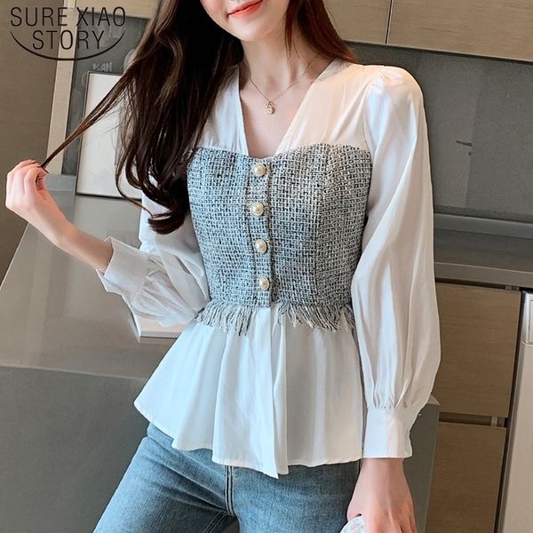 

solid white long sleeve shirt fashion office lady korean style women spliced chiffon blouse v-neck feminina shirt 8110 50 210317