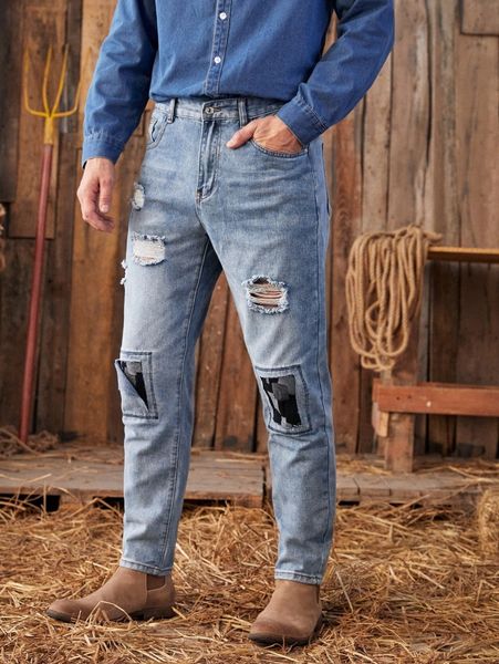 

men patched ripped carrot jeans w8b7#, Blue