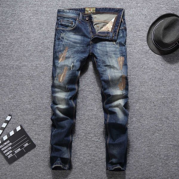 

men's jeans italian style fashion slim fit retro blue patchwork ripped men hip hop pants streetwear vintage designer 289s f9tc
