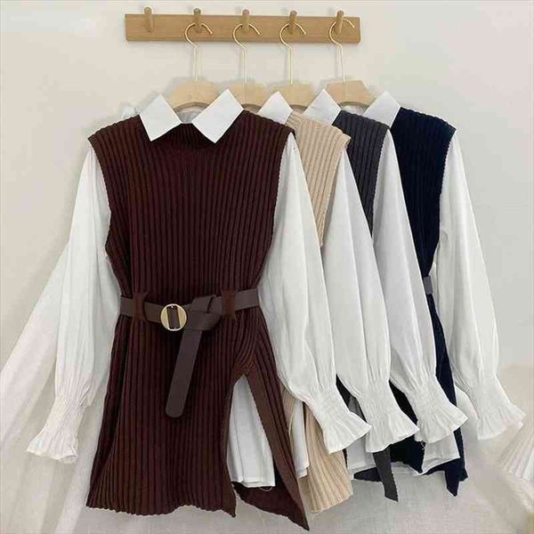 

korean fashion women college winter autumn knitted sweater vest white blouse casual belt suit 2pcs set office lady outfits, White;black