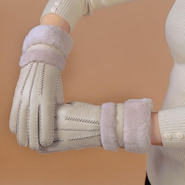 

five fingers gloves winter women real sheepskin leather wool fur solid elegant warm female, Blue;gray