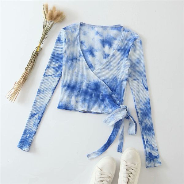 

women's blouses & shirts women blue tie-dye color summer cotton blouse female casual cross v-neck bow long sleeve short jbcv, White