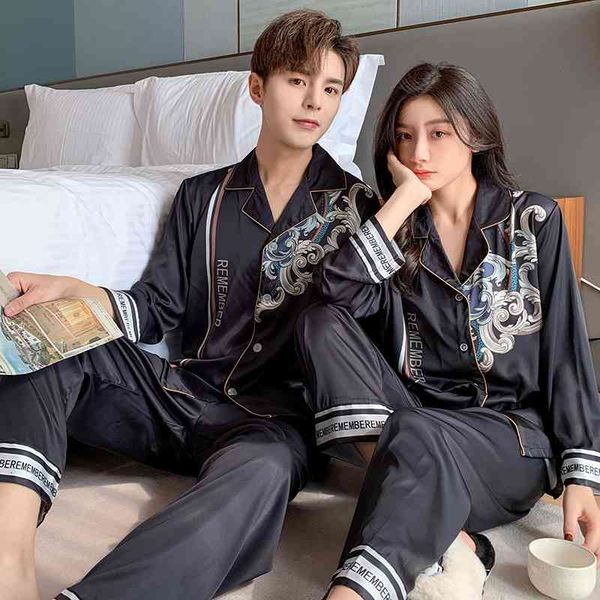 

women's sleepwear lovers' printed pjs satin faux silk pajamas loungewear long sleeve couple pyjamas pour femme comfy home cloting, Black;red