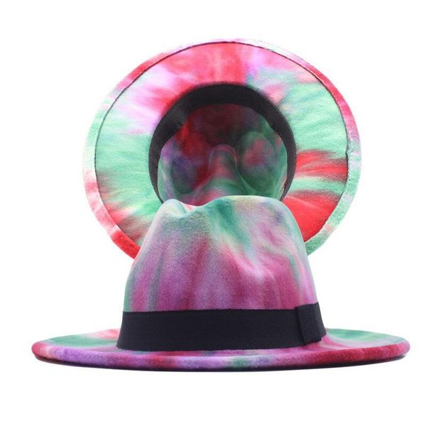 Cappelli a tesa larga 56-58-61cm Tie Dye Cappello Fedora Donna Uomo Feltro di lana Jazz con top a nastro semplice