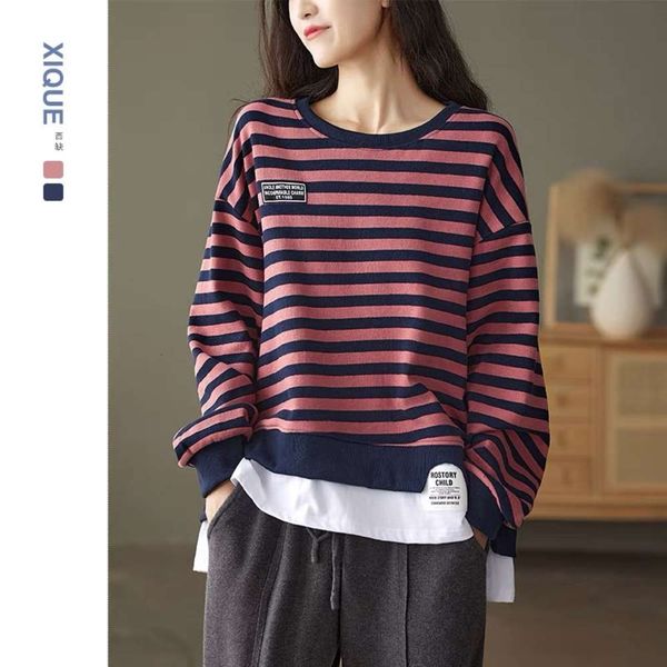 

autumn korean leisure leave two round neck pullover striped loose t-shirt sweater women's versatile cotton top, Black
