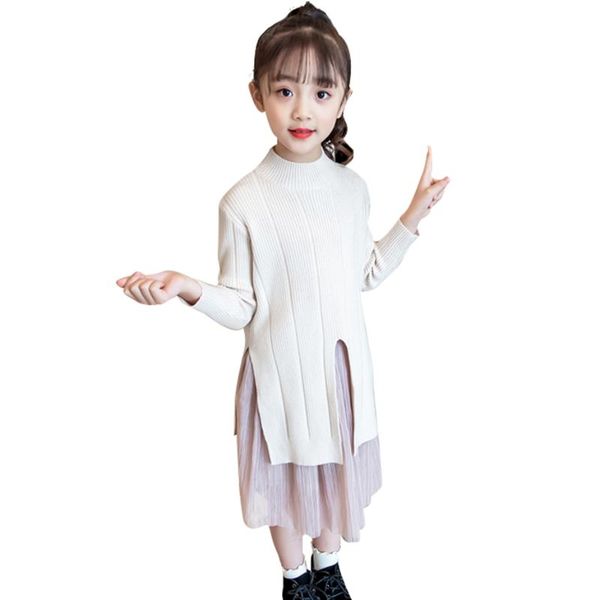 

girls clothes sweater +mesh dress clothing for casual style sets spring autumn kid 6 8 10 12 14, White