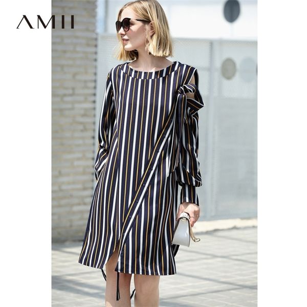 

office lady striped dresses women autumn elegant straight loose o-neck hollow out lace up female 11870130 210527, Black;gray