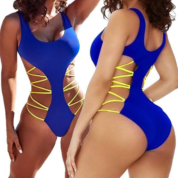 

one-piece suits string bandage one piece swimsuit women high cut out bathing suit padded swimwear solid monokini bodysuit beachwear bat