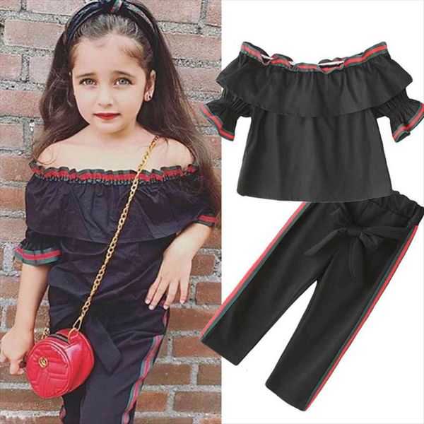 

girls clothes flare sleeve one word collar pants 2 pcs clothing sets childrens and america ins summer, White