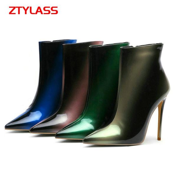 

boots women patent leather thin high heel ankle fashion mixed colors zipper ladies autumn winter pointed toe short, Black